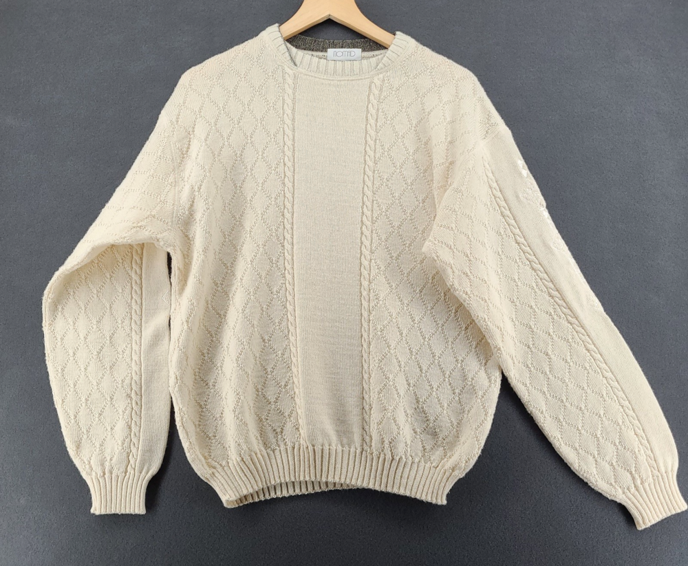 Nomad Mens Cable Knit Fisherman Sweater Cream Ivory Diamond Ribbed Pullover